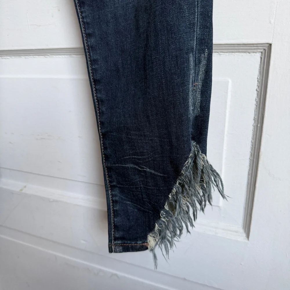 Dear John Gisele Skinny High Waisted Jeans Fray Asymmetrical Ankle Hem EUC 30